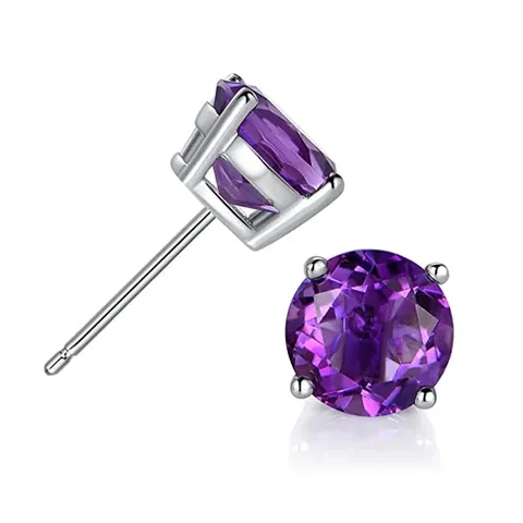 Purple Amethyst Gemstone Sterling Silver Solitaire Stud Earrings for Women - 925 Sterling Silver jewelry made by BlueOne Jewelry