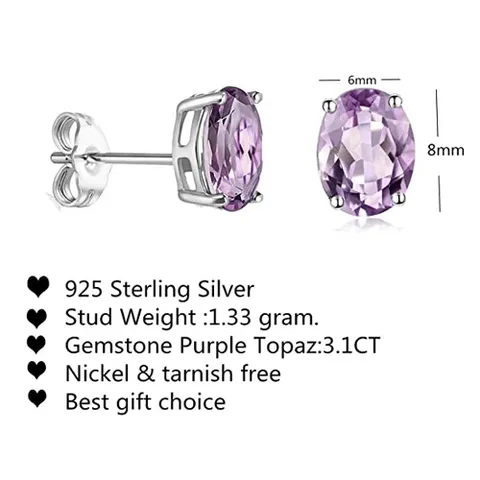 Purple Gemstone Sterling Silver Stud Earrings for Women Hypoallergenic - view 3