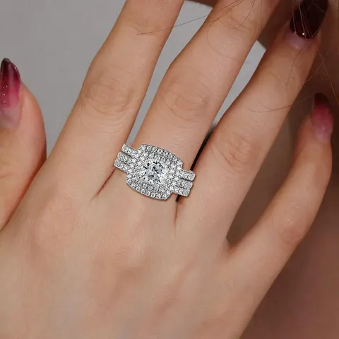 Silver Ring Women Combo Set Ring Wedding Engagement Ring Ins Zirconia - view 2