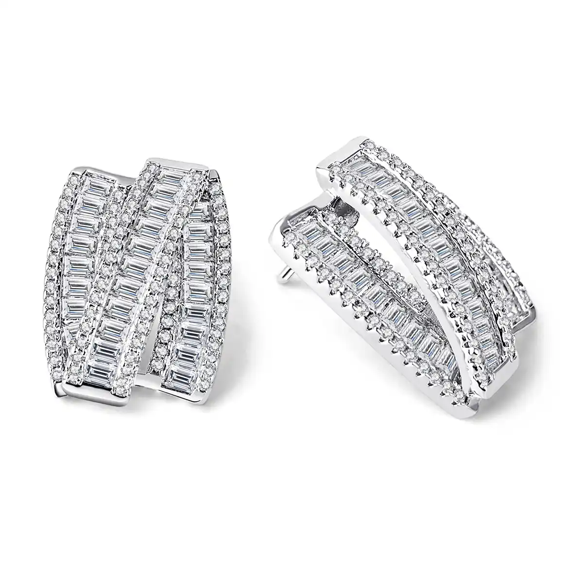 Trapezoidal Diamond Triple Rows of Diamond Earrings Ear Clap High-level Light made by BlueOne Jewelry