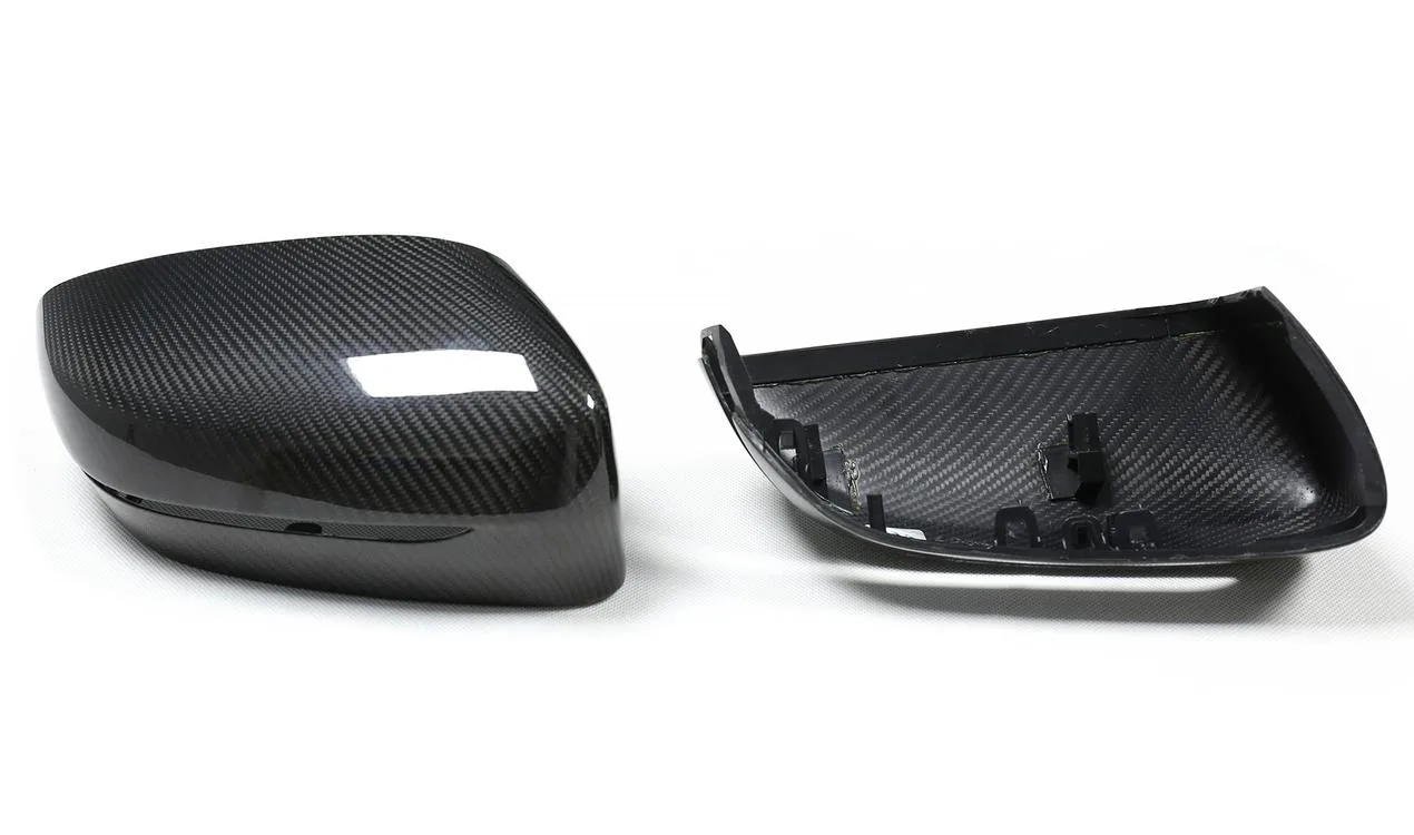 Carbon fiber rearview mirror replacement caps with twill weave finish