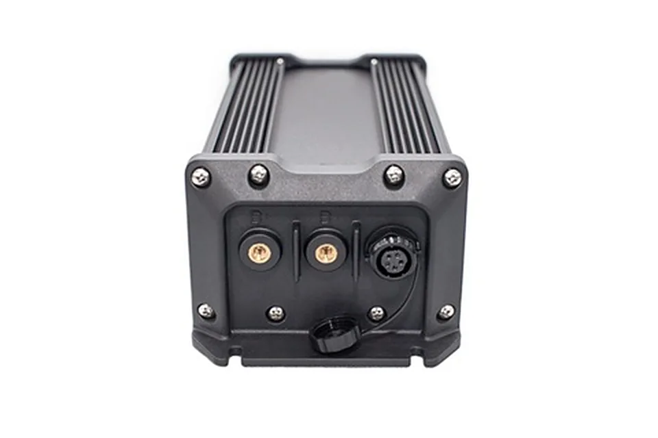 Caroute external controller box showing the cable gland connectors on the end face