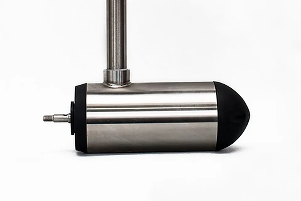 Stainless steel Caroute brushless boat motor housing showing the propeller shaft and mounting collar