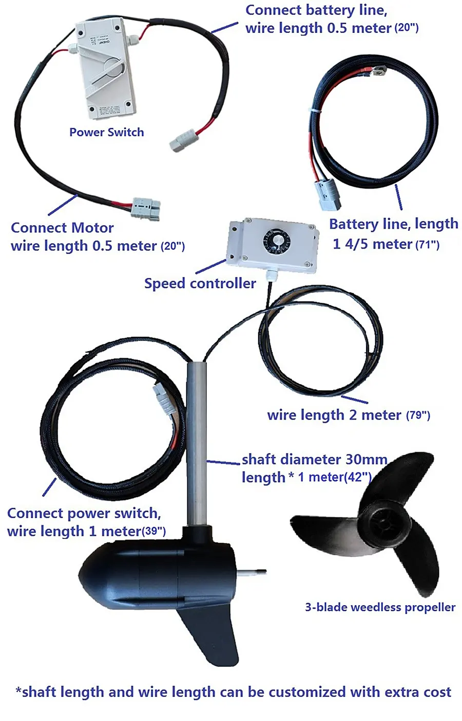 Caroute S platform wiring layout showing battery line, motor wire, power switch and shaft dimensions