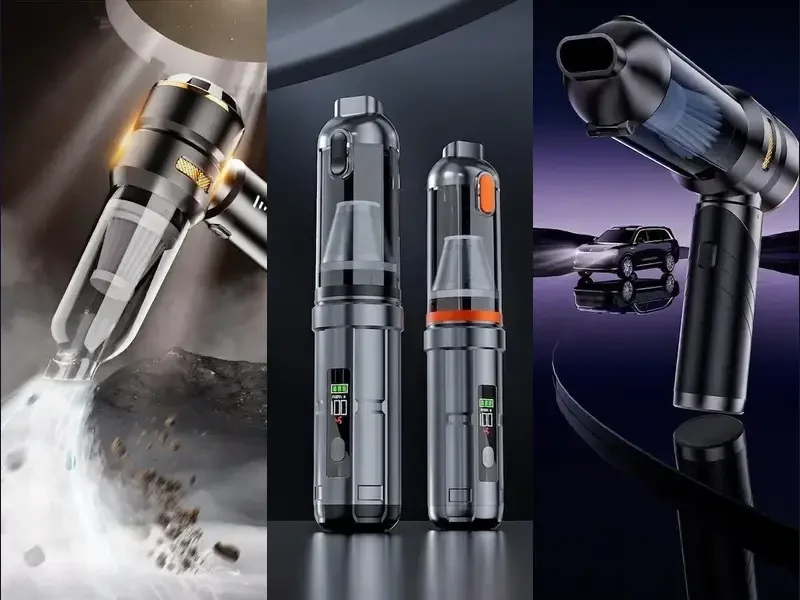 Three SHINETECH cordless car vacuum cleaner models shown side by side