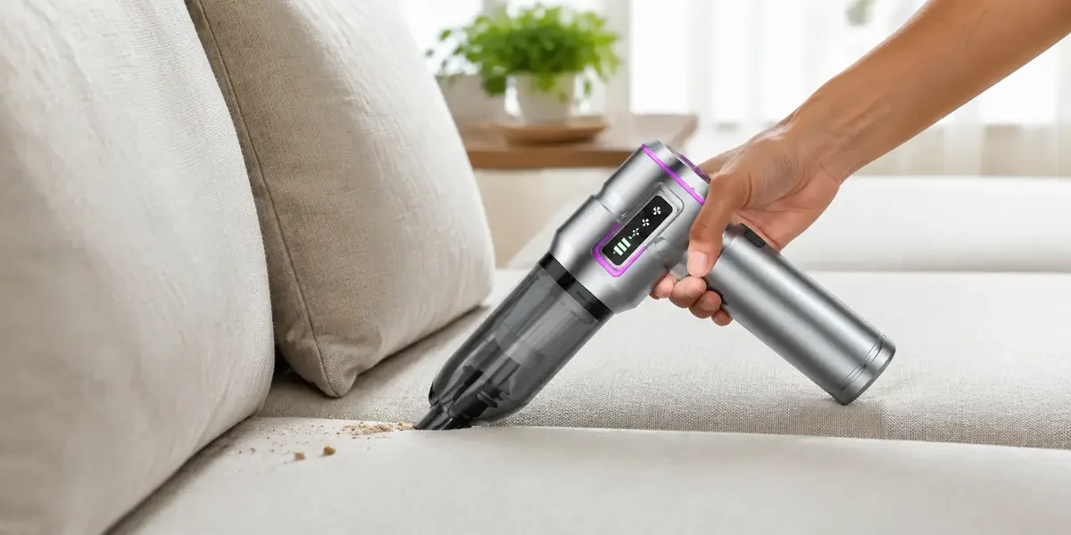 Handheld SHINETECH vacuum cleaner lifting crumbs from a fabric sofa seam