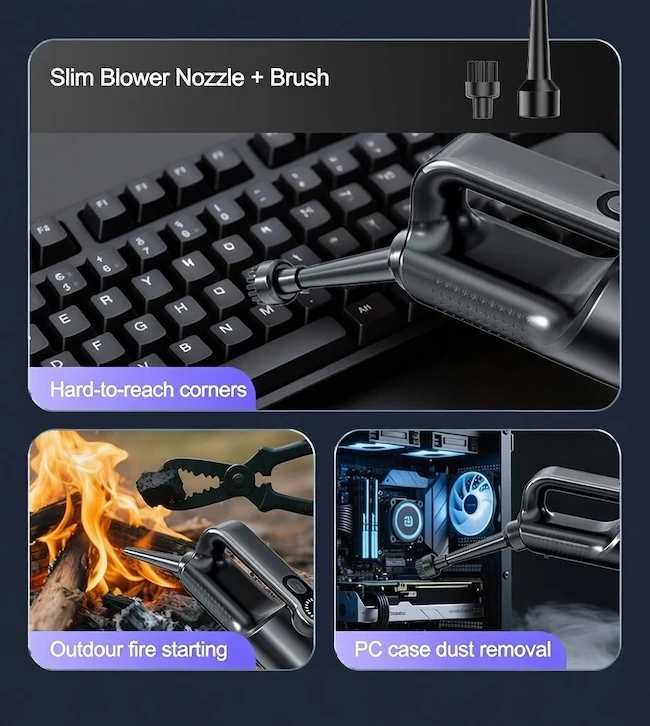 ST-126 Plus slim blower nozzle clearing dust from a keyboard and a PC case