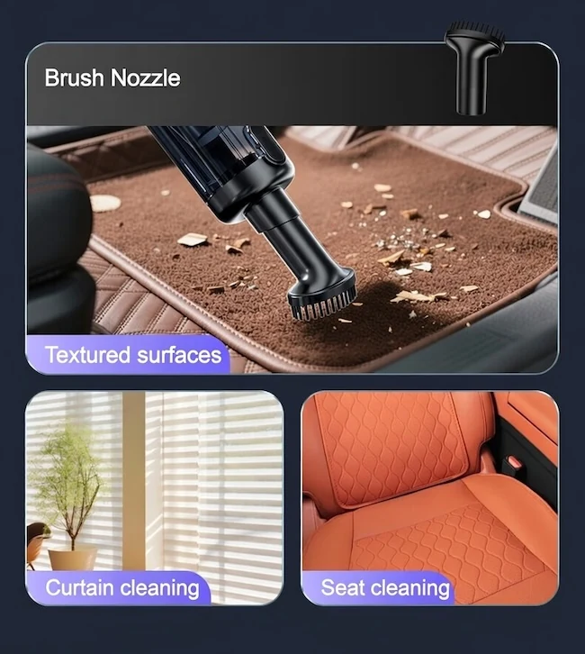 ST-126 Plus brush nozzle cleaning a textured floor mat curtains and a car seat