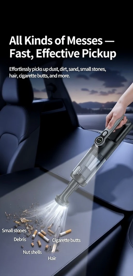 ST-126 Plus picking up small stones nut shells hair and cigarette butts from a car interior
