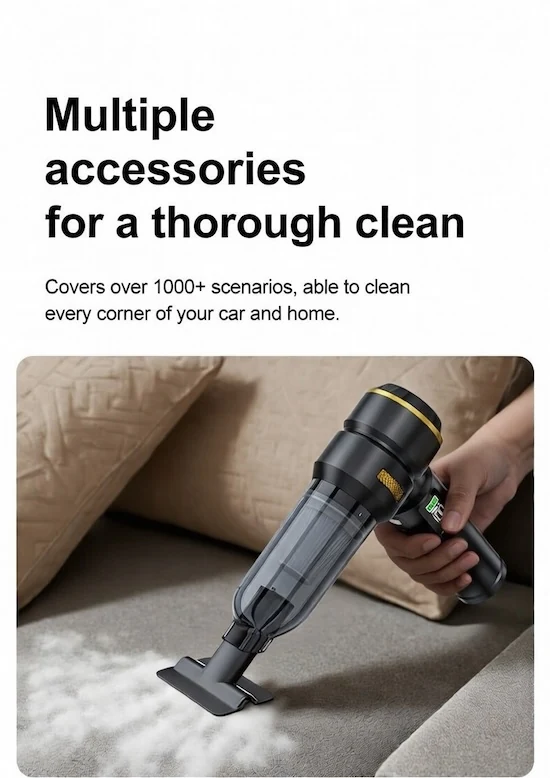 ST-6704 A Plus cleaning a fabric sofa with the wide upholstery nozzle