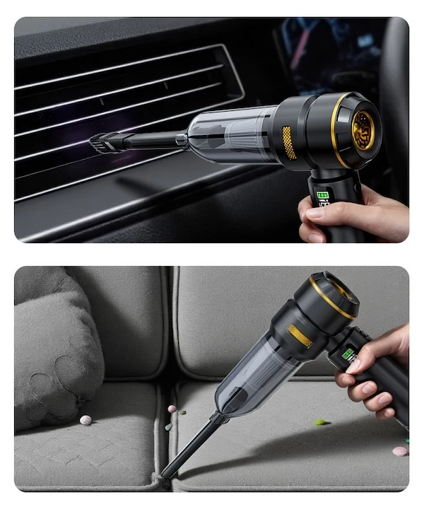 ST-6704 A Plus clearing dust from an air vent and a car seat with the crevice nozzle