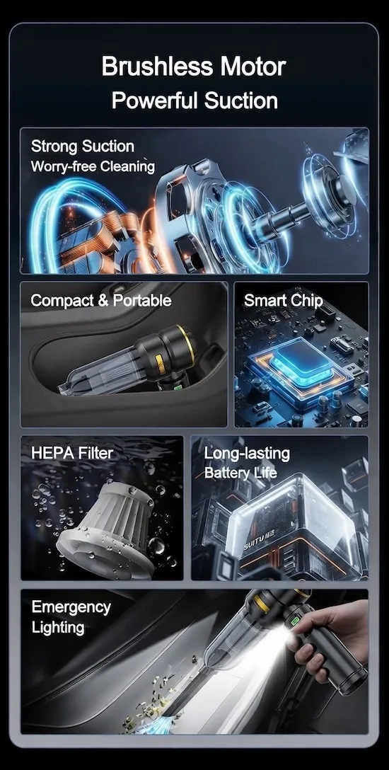 ST-6704 A Plus feature overview showing brushless motor HEPA filter and emergency lighting