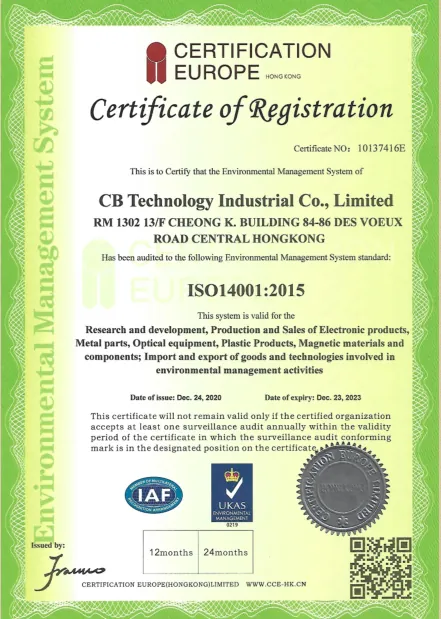 ISO 14001:2015 certificate held by CB Technology Industrial Co., Limited