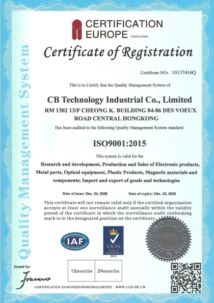 ISO 9001:2015 certificate held by CB Technology Industrial Co., Limited