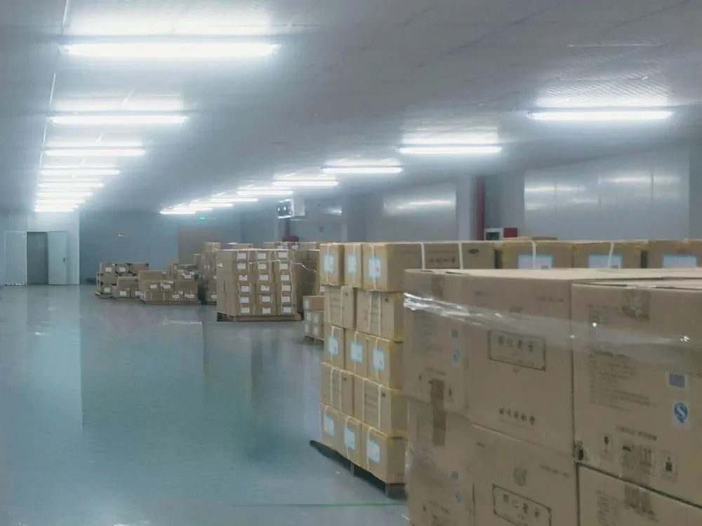 Finished goods warehouse. Cartons packed and labelled ready for collection.