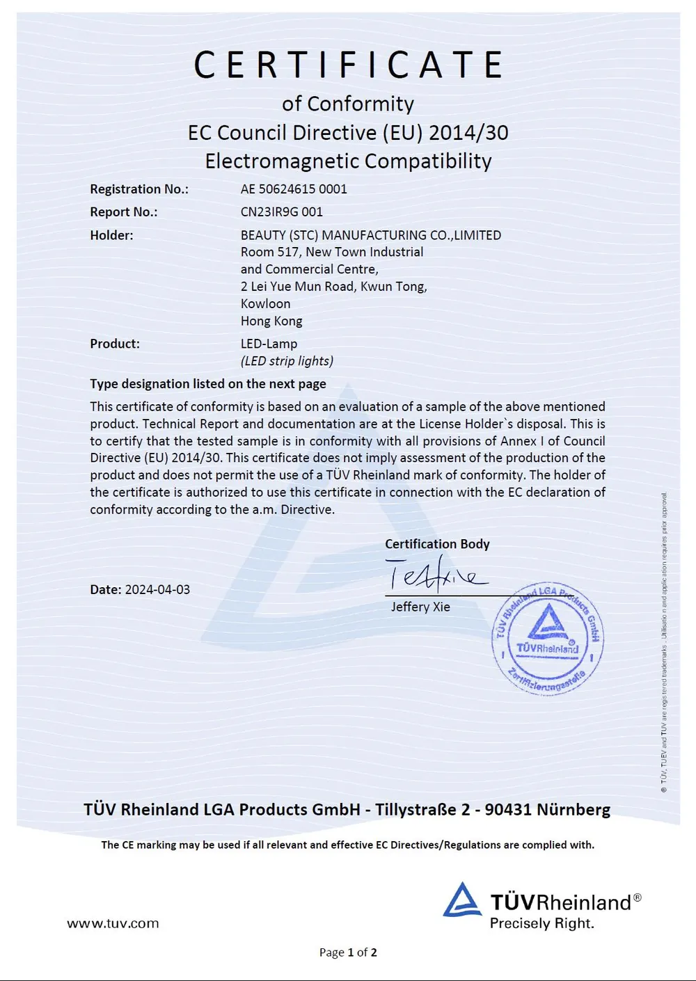 TUV For Europe and Germany certificate 1