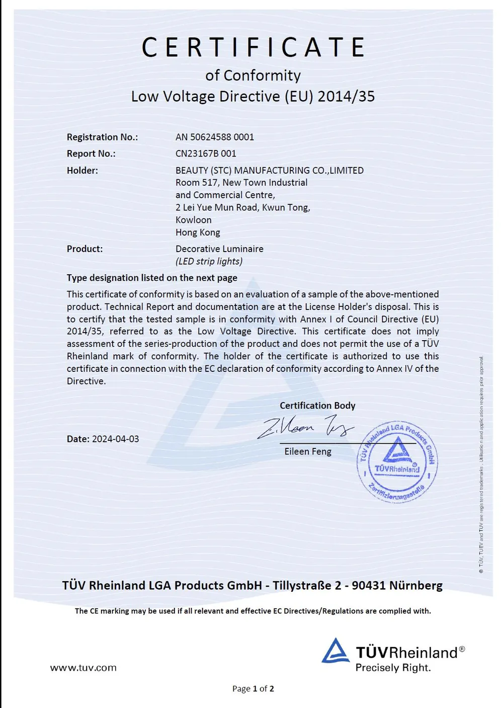 TUV For Europe and Germany certificate 3