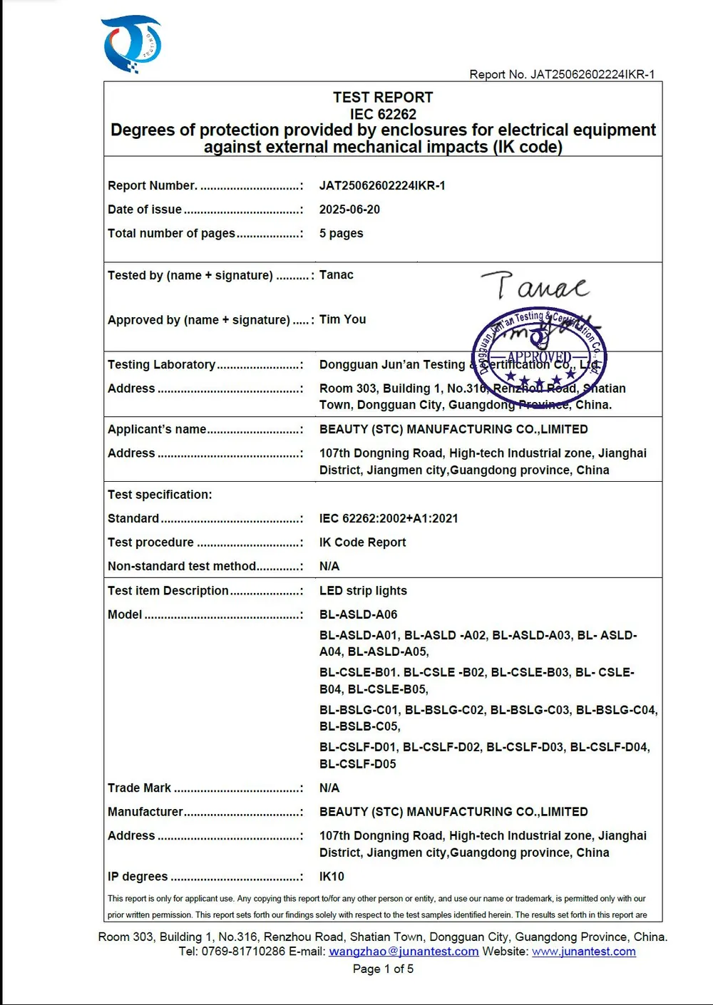 IK10 Report certificate 1