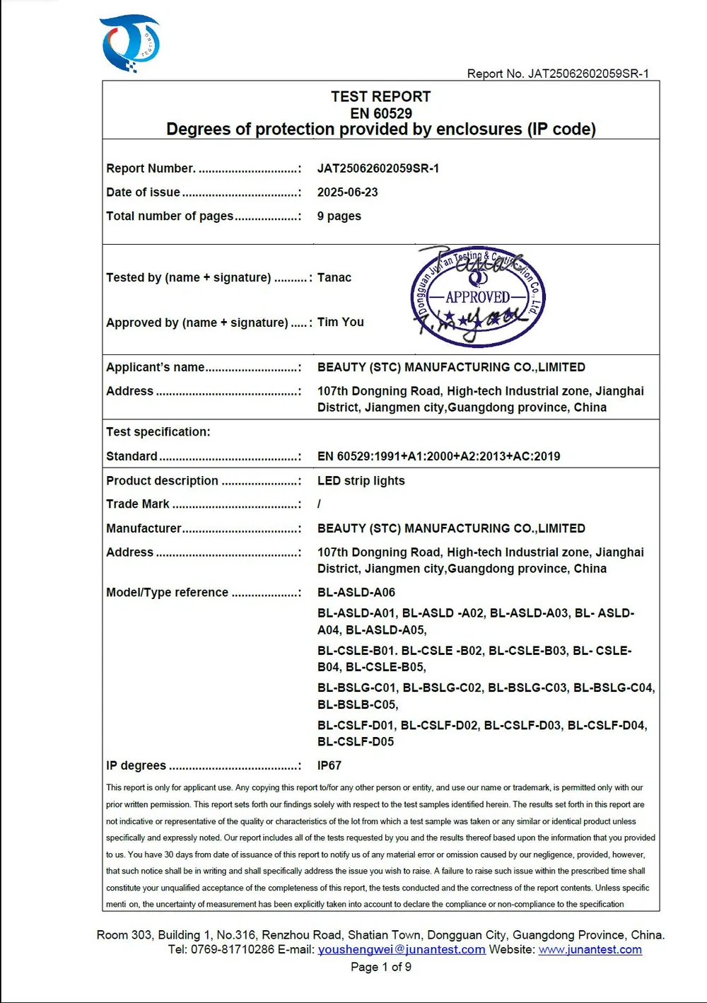IP67 Certificates certificate 1