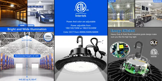 UFO high bay illumination, ETL and DLC listing and internal construction.
