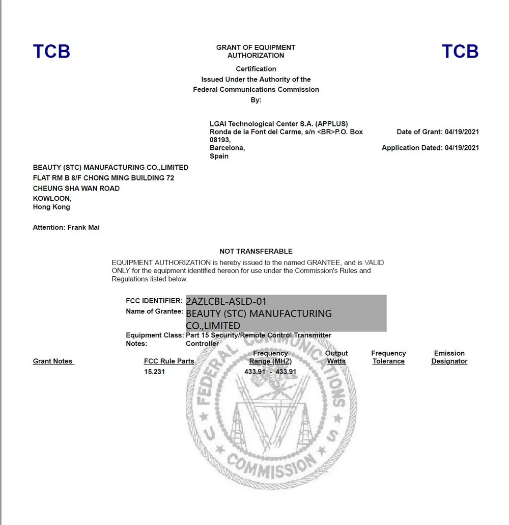 FCC Certificates certificate 1