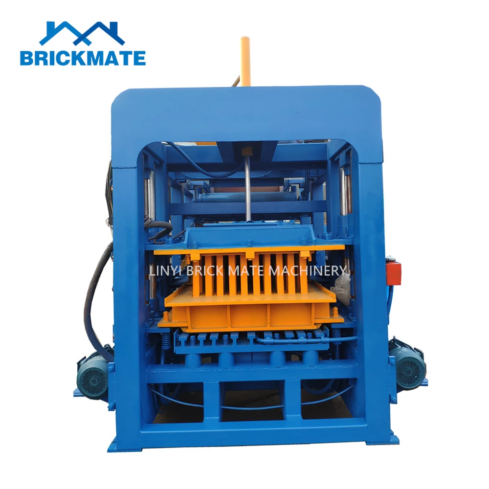 Blue semi automatic block machine with the BRICKMATE mark on the frame