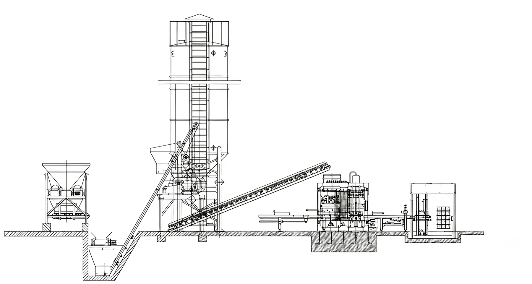 Plant layout drawing showing mixer, conveyors, block machine and stacking area