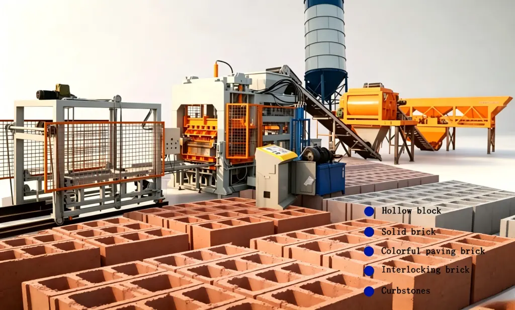 Concrete block production line in a workshop with freshly moulded red paving blocks stacked on pallets