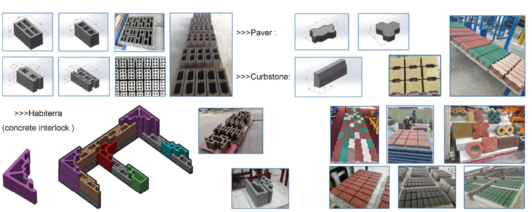 Concrete blocks, pavers and moulds produced and used on BRICKMATE machines