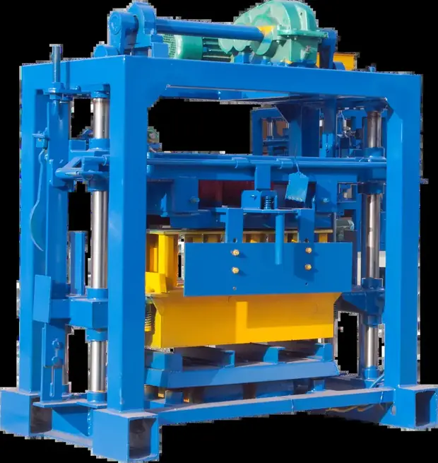 Cutaway view of a block machine frame showing the vibration table and mould area