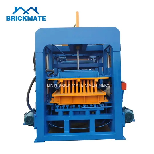 Blue semi automatic block machine with the BRICKMATE mark on the frame