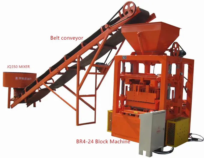 Semi automatic block machine with belt conveyor and feed hopper