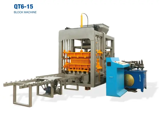 QT6-15 cement brick machine with belt conveyor and batching hopper