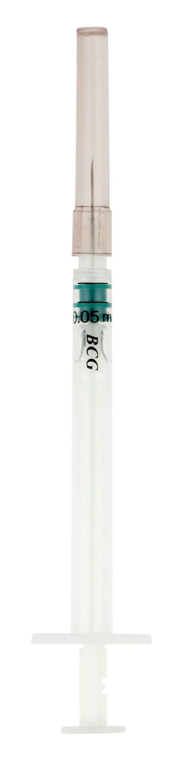 BCG medical syringe with needle cap on a white background
