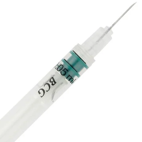 Close-up of a 0.05 ml BCG medical syringe with needle on a white background