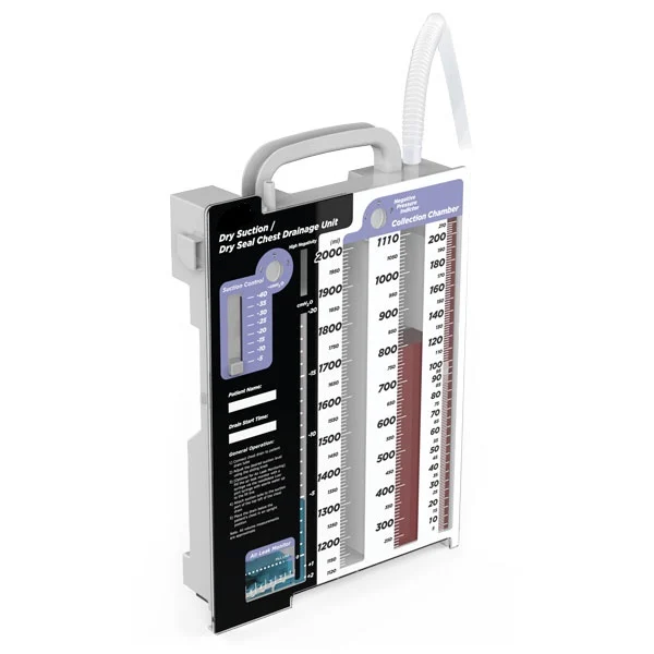 Medical dry suction chest drainage unit with calibrated collection chambers against a white background