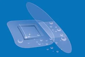 Graphic illustration of transparent waterproof film dressings with water droplets on a blue background