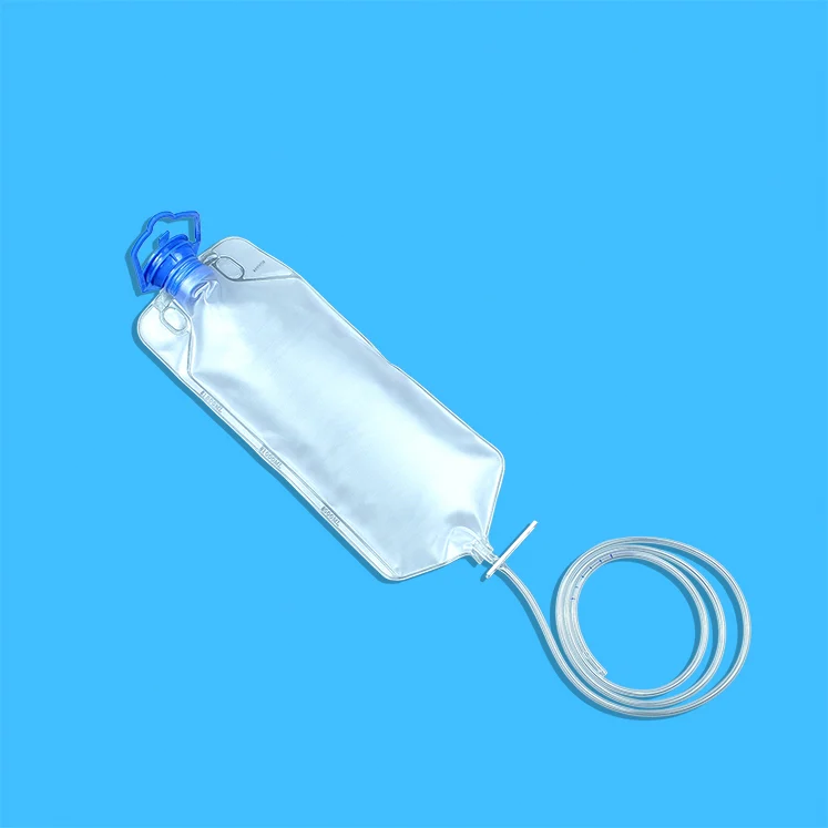 Medical IV infusion bag with tubing on a blue background