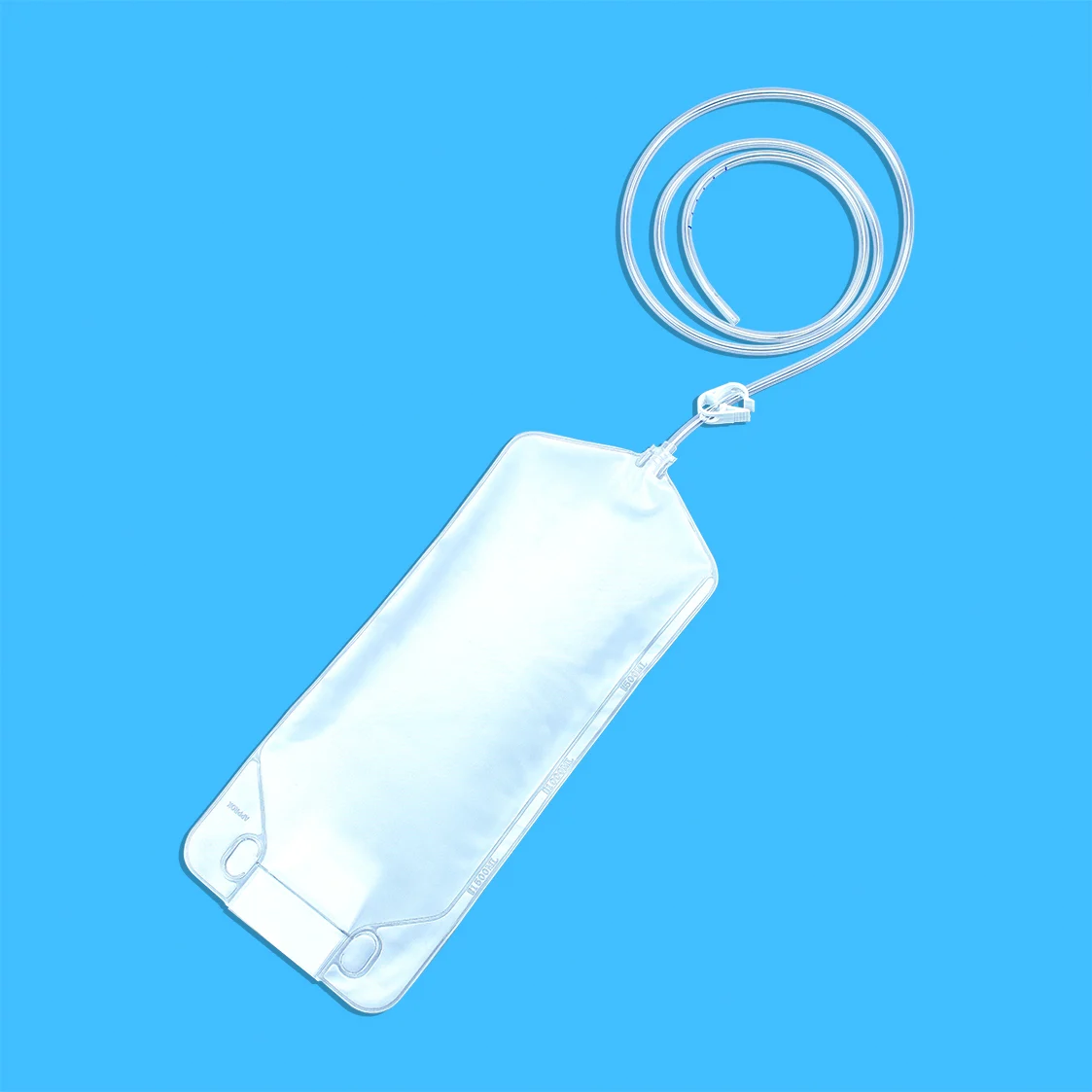 Single-use bioprocess bag with attached tubing and clamp on a blue background