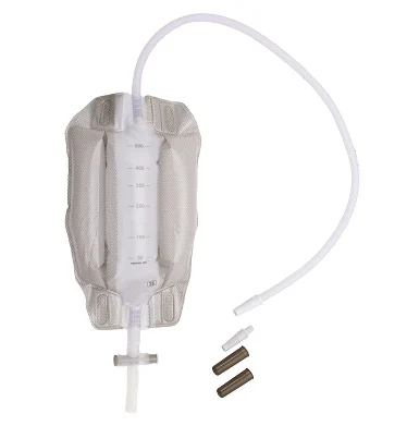 Medical drainage leg bag with tubing and connector accessories against a white background