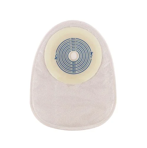 Single ostomy pouch with cut-to-fit measurement guide on a white background