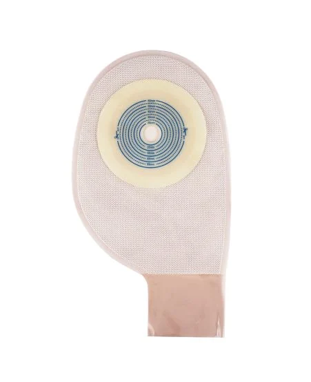 Single-piece drainable ostomy pouch with cut-to-fit skin barrier on a plain white background