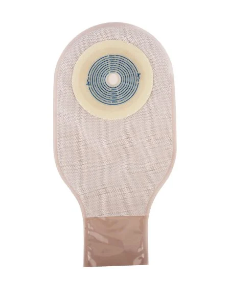 Medical ostomy drainage pouch with adhesive barrier on white background