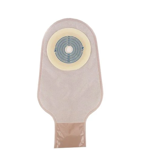 Drainable ostomy bag with cut-to-fit skin barrier on a plain white background