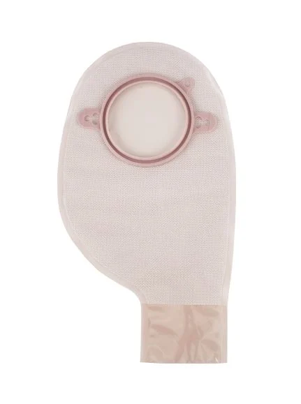 Medical ostomy bag with coupling ring against a plain white background