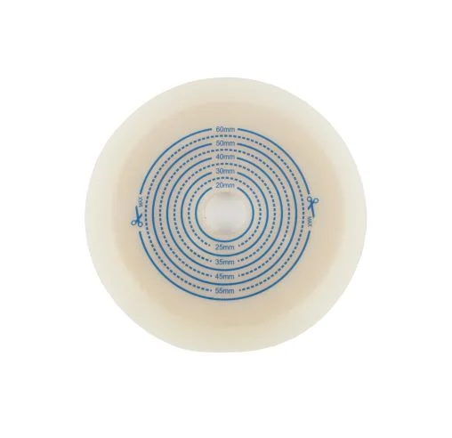 Circular flexible baseplate barrier with millimeter cut-out guide lines on a white background