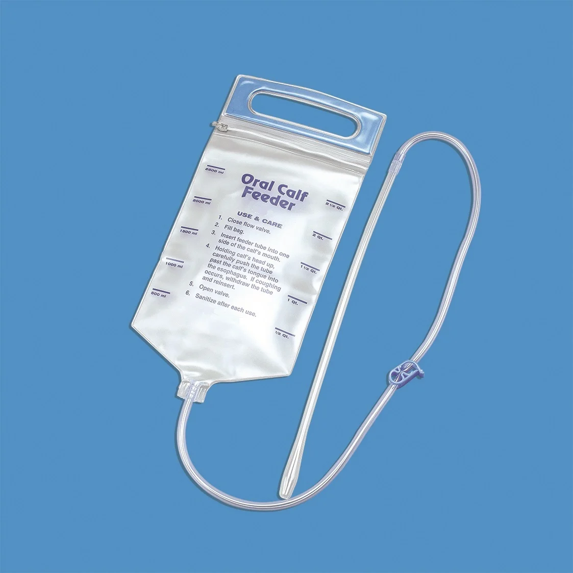 Clear plastic oral calf feeder bag with tube and probe on a solid blue background.
