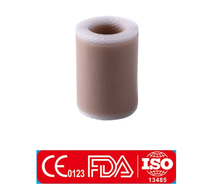 Tubular beige medical sleeve with certification logos banner below