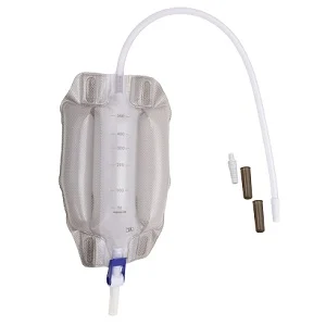 Medical drainage leg bag with graduated markings, tubing, and adapter connectors on a white background