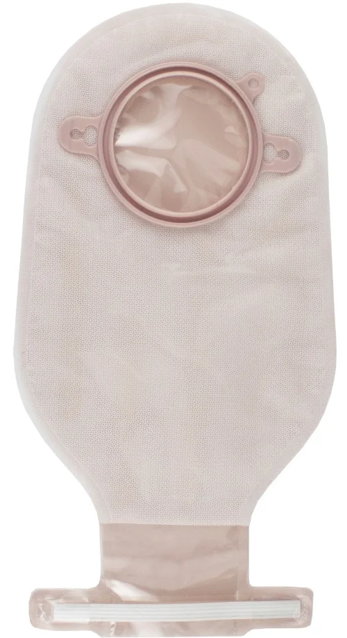 Drainable ostomy bag with coupling ring on a white background